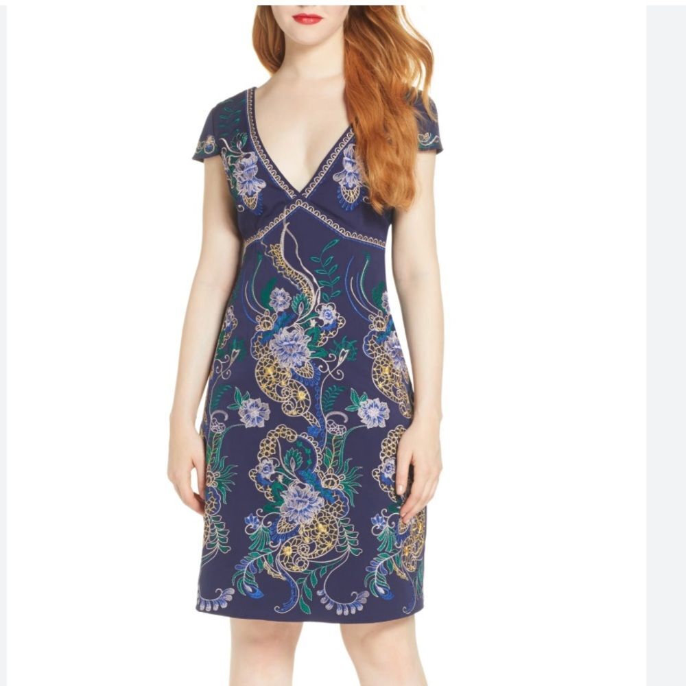 Foxiedox Navy Blue Floral Embroidered Mini Sheath Dress M